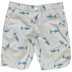 Plugg Flex Waist Mens Size 33 White Blue Shark Print Stretch Cotton Blend Shorts